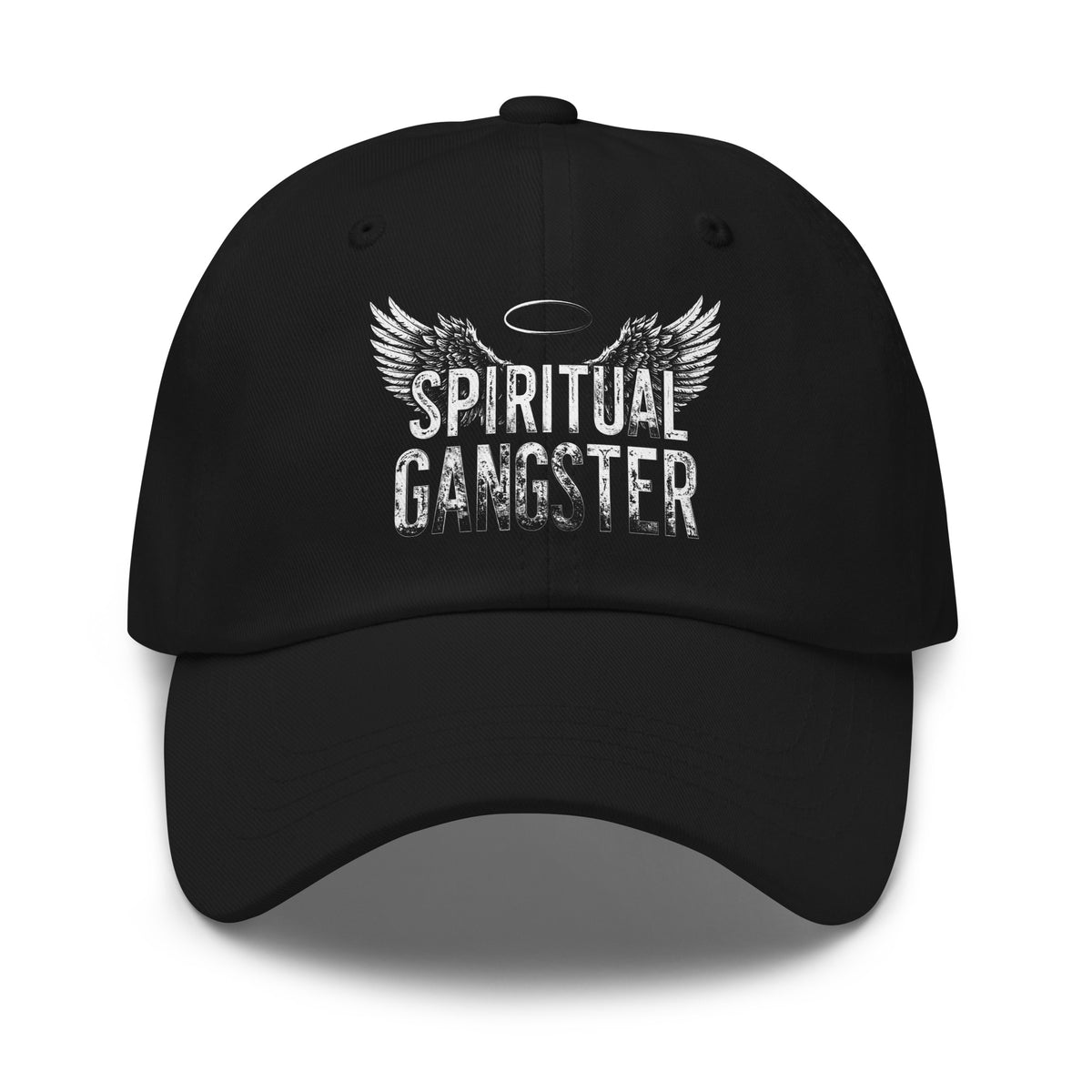 Spiritual Gangster design with angel wings and a halo, on a black dad hat, front view
