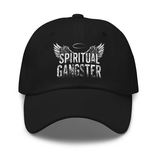 Spiritual Gangster design with angel wings and a halo, on a black dad hat, front view