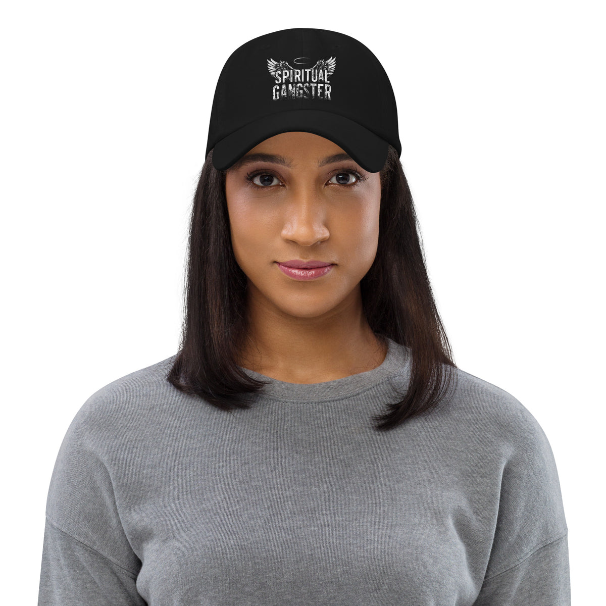 Spiritual Gangster design with angel wings and a halo, on a black dad hat, front view