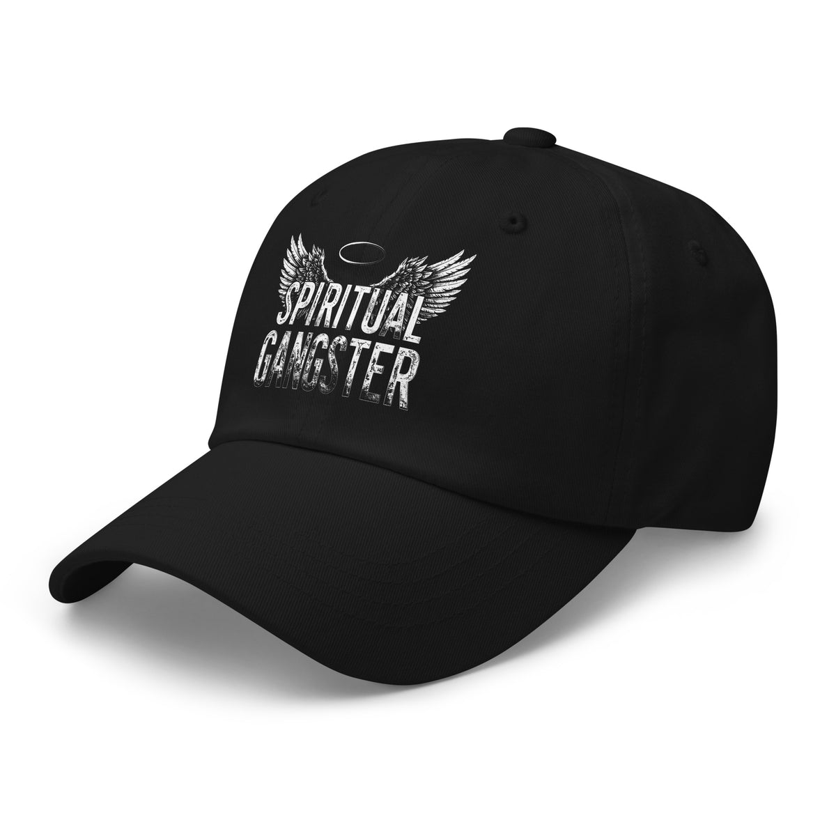 Spiritual Gangster design with angel wings and a halo, on a black dad hat, angled left front view