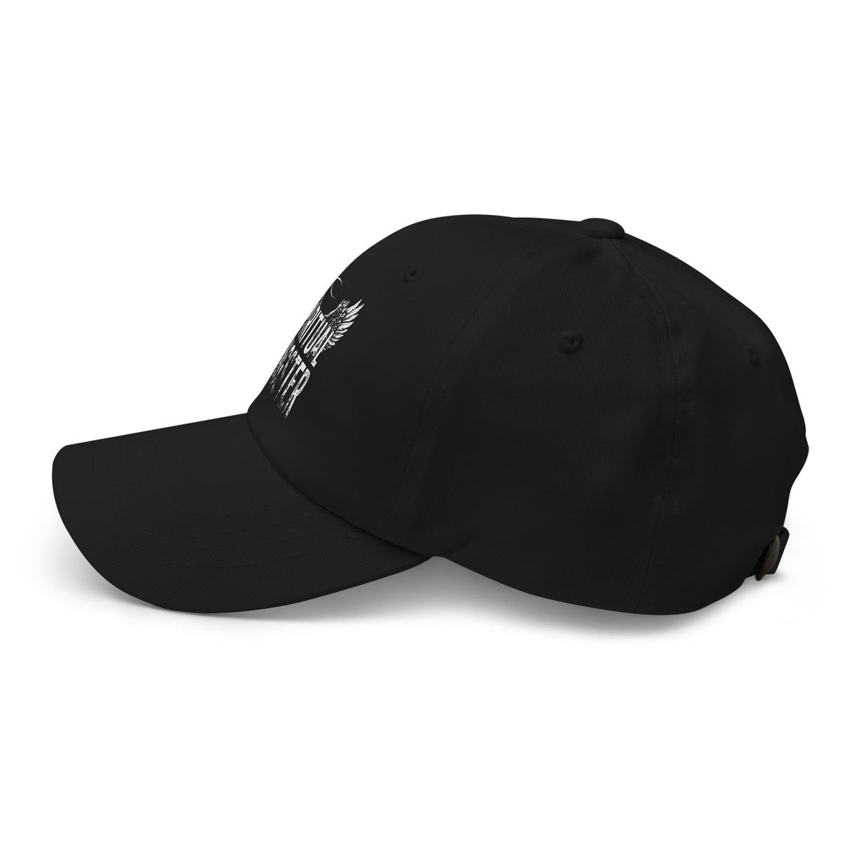 Spiritual Gangster design with angel wings and a halo, on a black dad hat, left side view