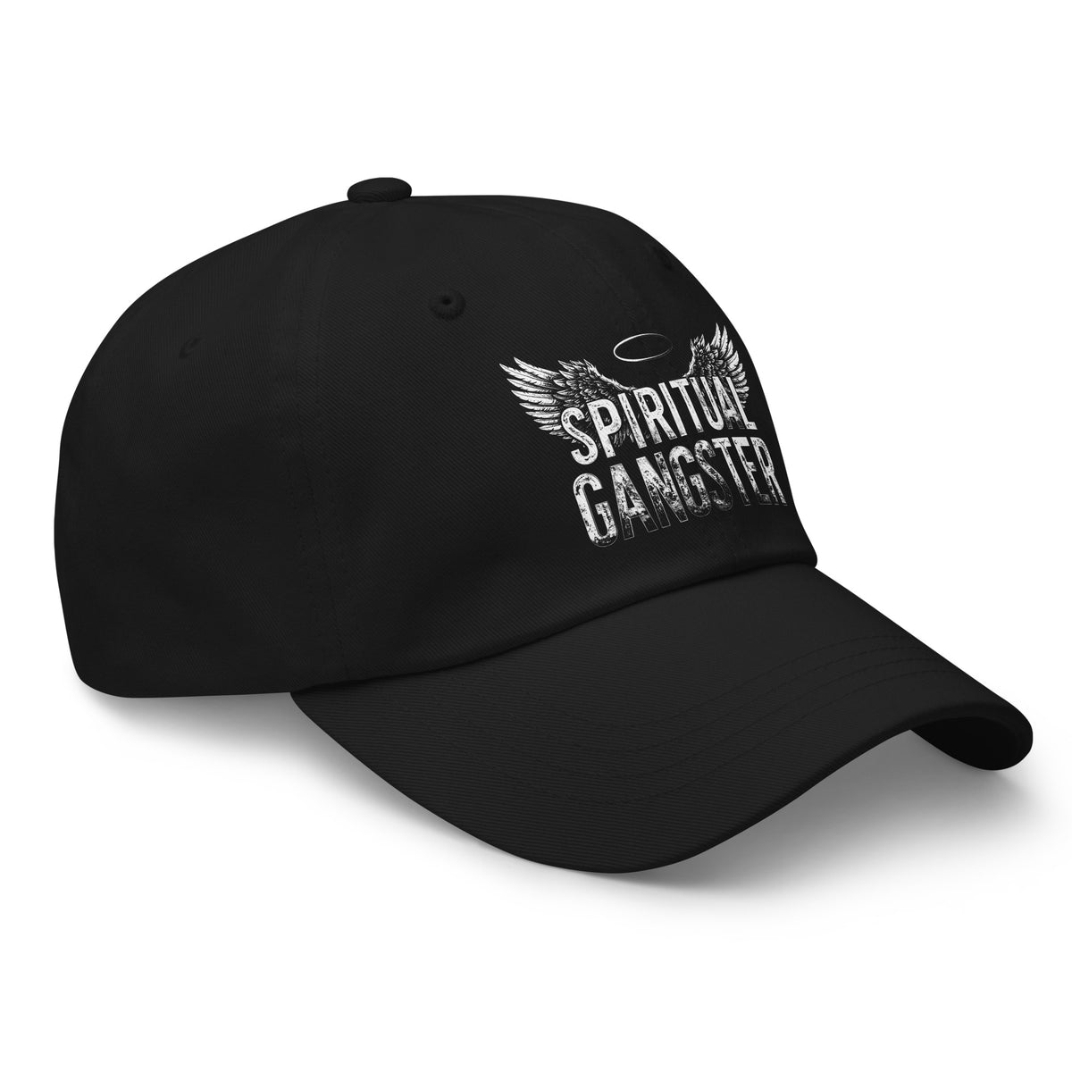Spiritual Gangster design with angel wings and a halo, on a black dad hat, angled right front view