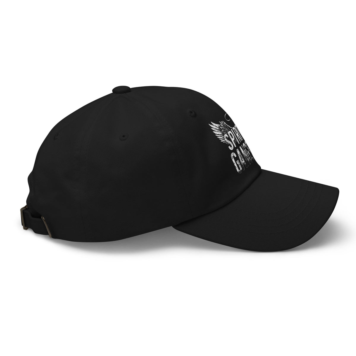 Spiritual Gangster design with angel wings and a halo, on a black dad hat, right side view