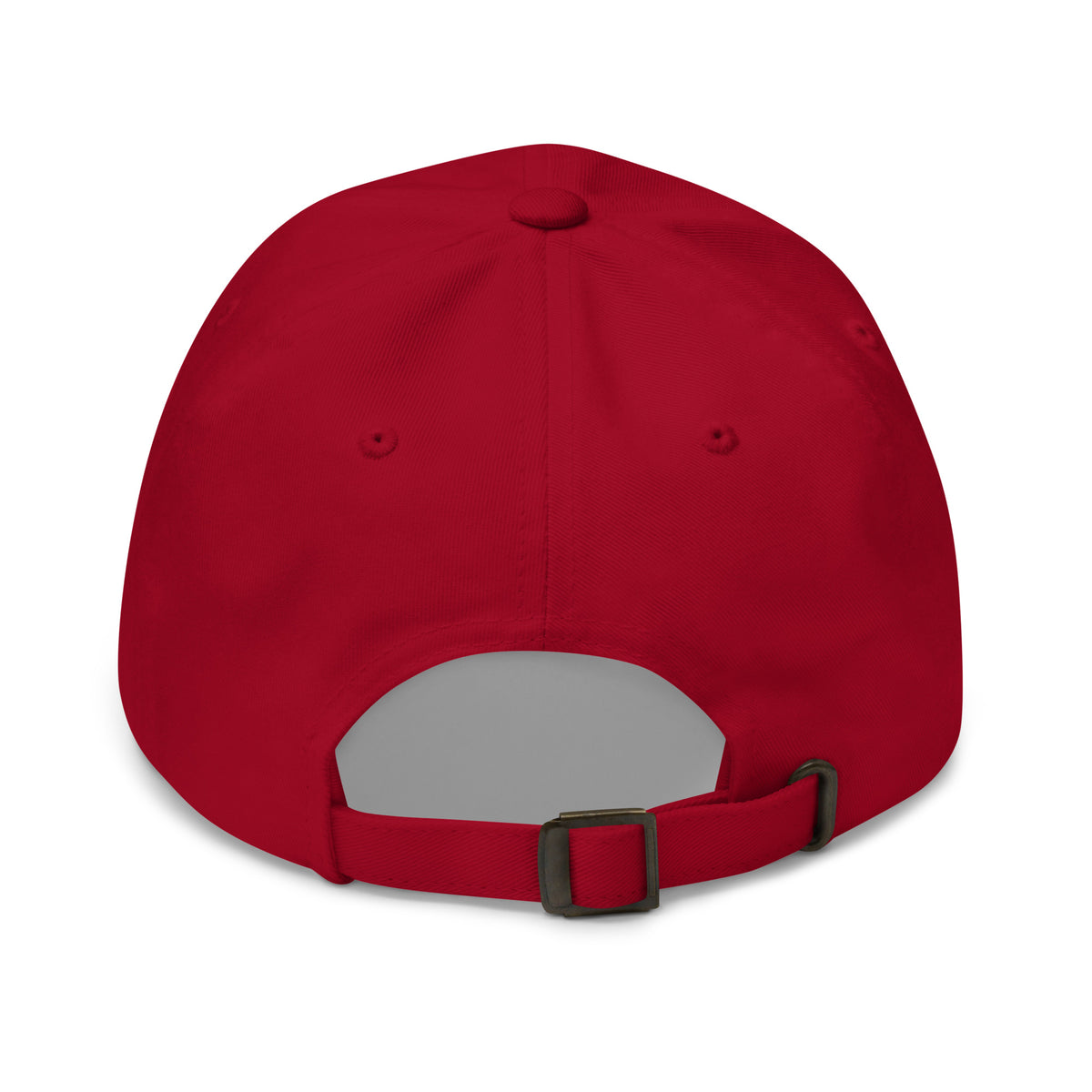 Spiritual Gangster design in black lettering, with angel wings and a halo, on a cranberry dad hat, back view