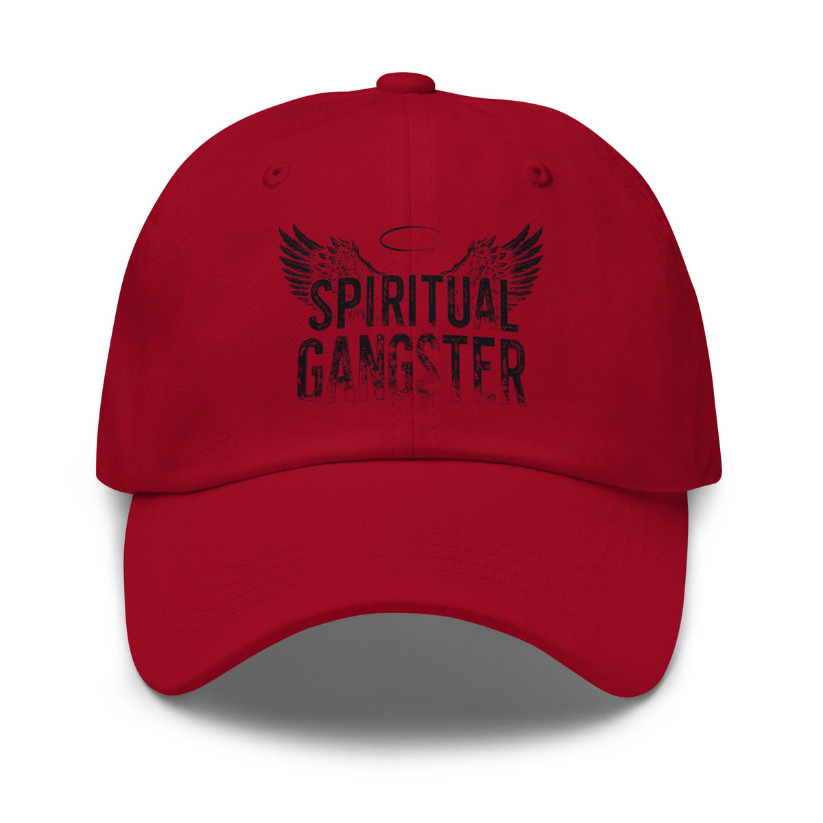 Spiritual Gangster design in black lettering, with angel wings and a halo, on a cranberry dad hat, front view