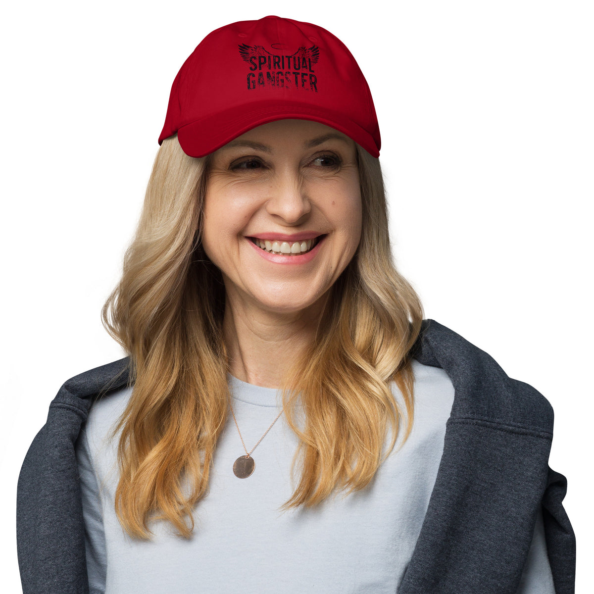Spiritual Gangster design in black lettering, with angel wings and a halo, on a cranberry dad hat, front view