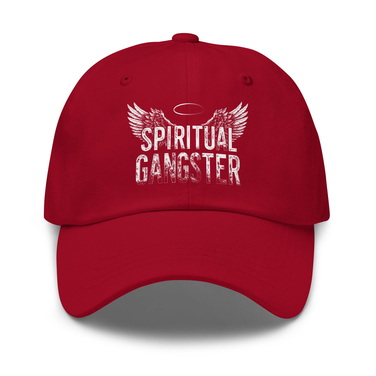 Spiritual Gangster design with angel wings and a halo, on a cranberry dad hat, front view