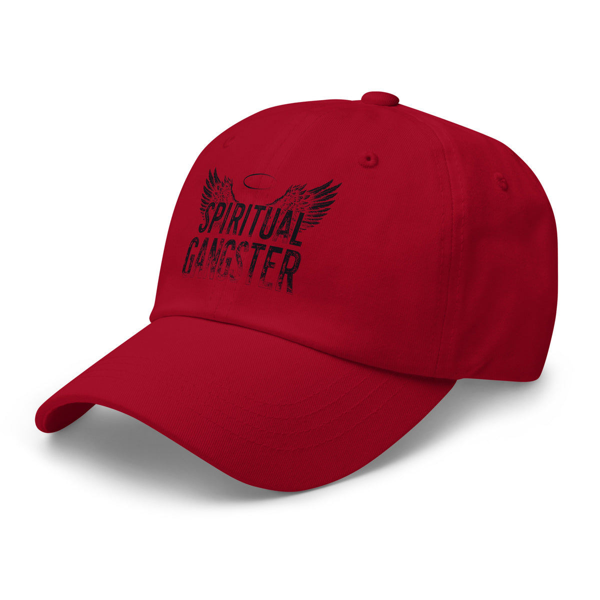 Spiritual Gangster design in black lettering, with angel wings and a halo, on a cranberry dad hat, angled left front view