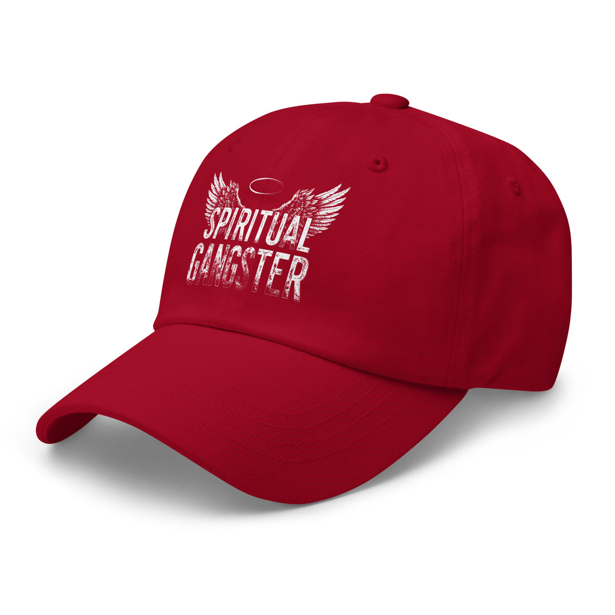 Spiritual Gangster design with angel wings and a halo, on a cranberry dad hat, angled left front view