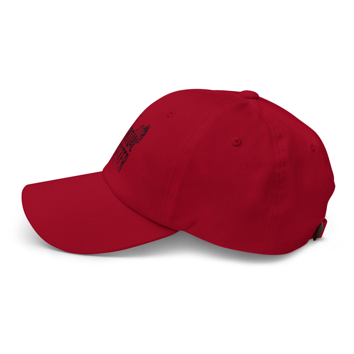 Spiritual Gangster design in black lettering, with angel wings and a halo, on a cranberry dad hat, left side view