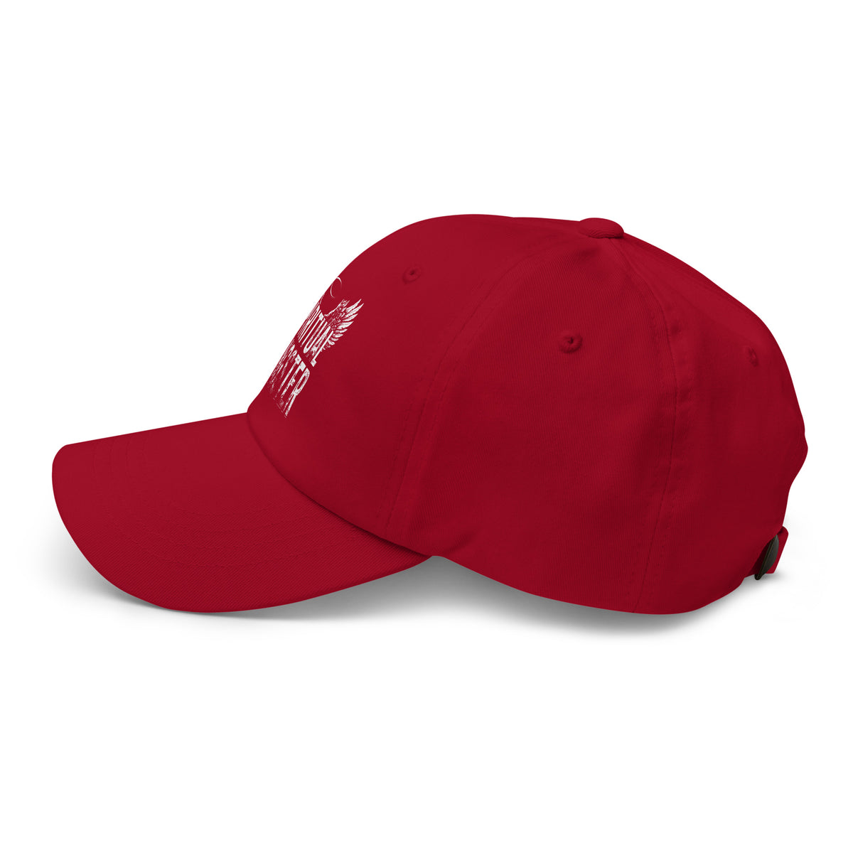 Spiritual Gangster design with angel wings and a halo, on a cranberry dad hat, left side view