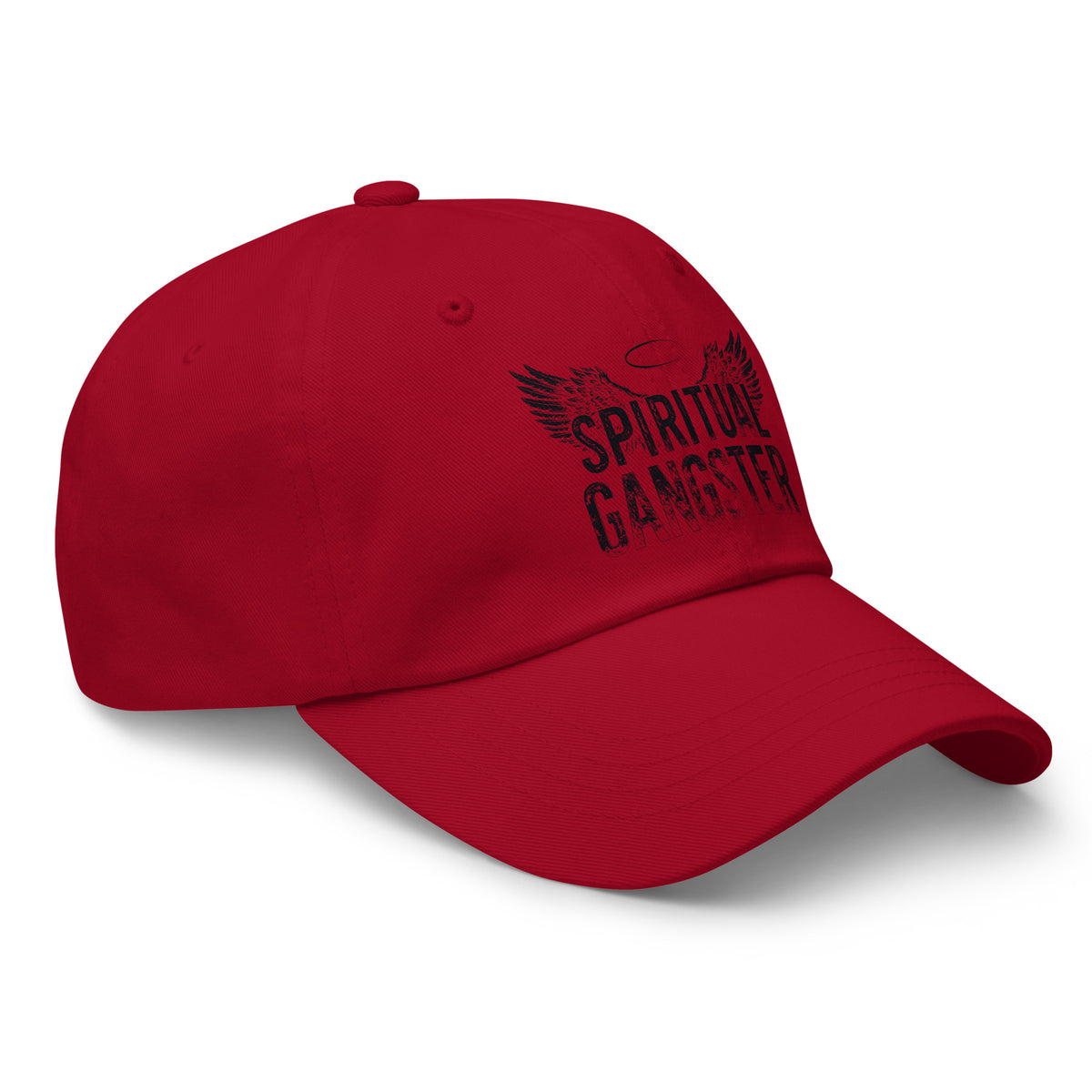Spiritual Gangster design in black lettering, with angel wings and a halo, on a cranberry dad hat, angled right front view