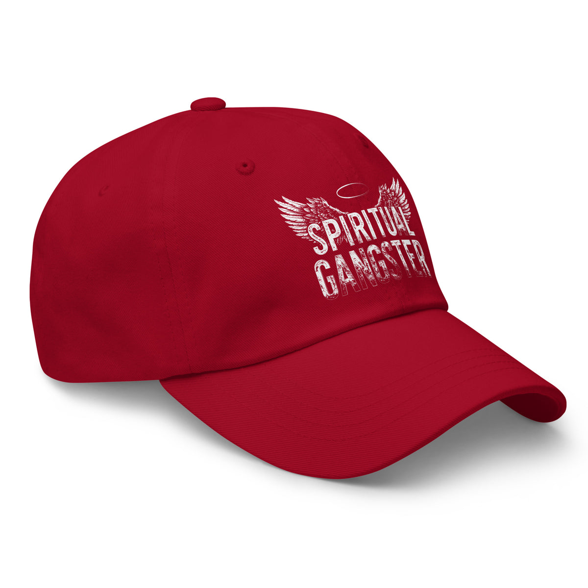Spiritual Gangster design with angel wings and a halo, on a cranberry dad hat, angled right front view
