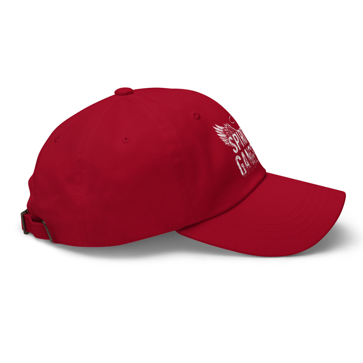 Spiritual Gangster design with angel wings and a halo, on a cranberry dad hat, right side view