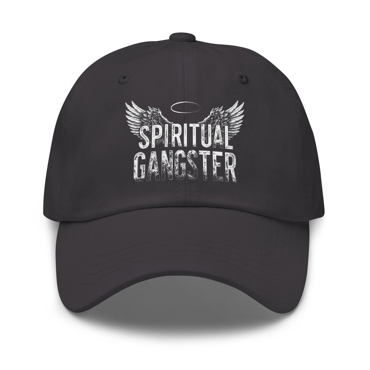 Spiritual Gangster design with angel wings and a halo, on a dark grey dad hat, front view