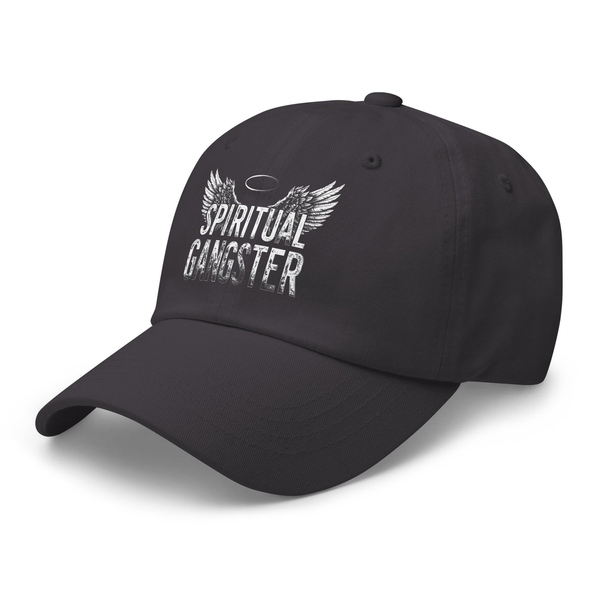 Spiritual Gangster design with angel wings and a halo, on a dark grey dad hat, angled left front view