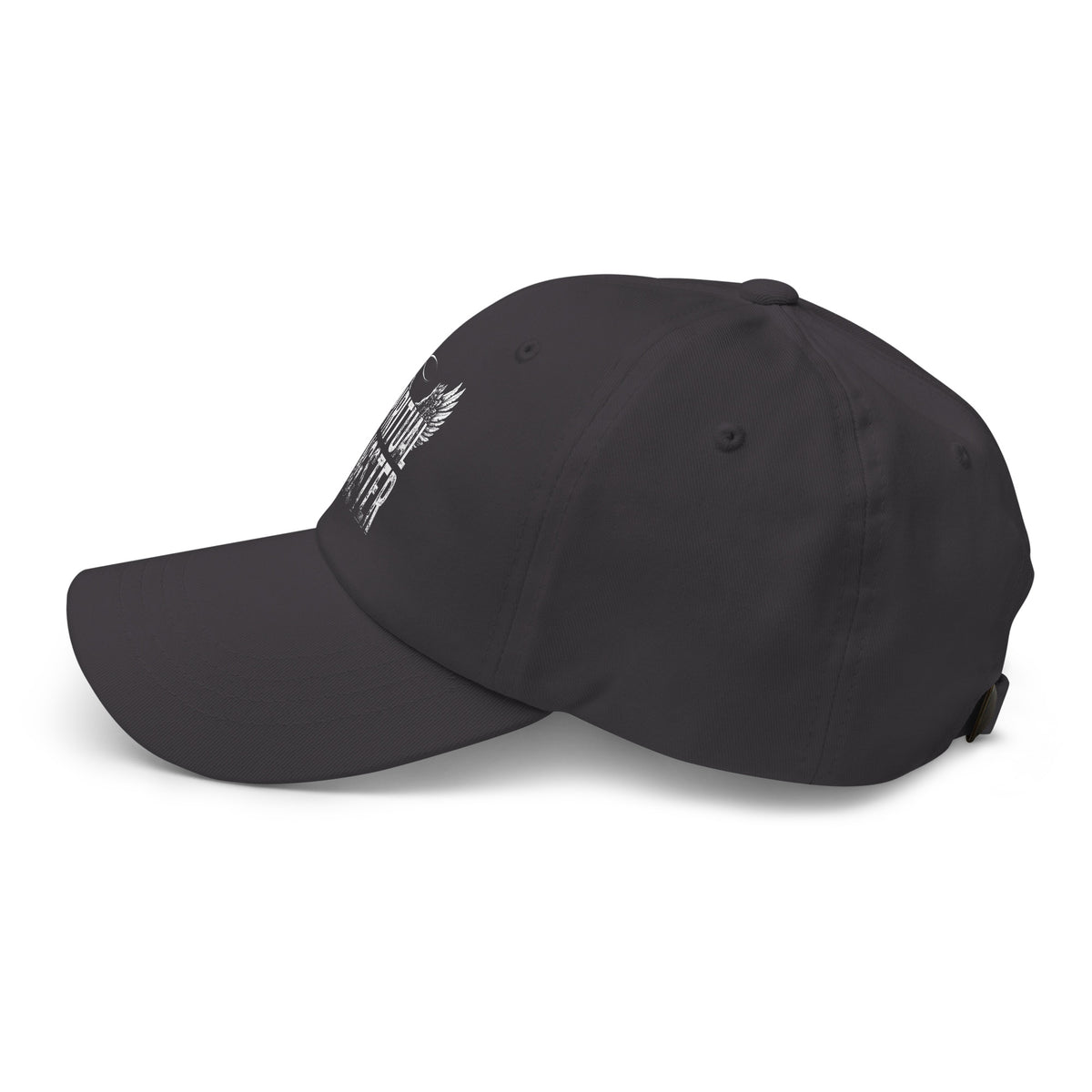 Spiritual Gangster design with angel wings and a halo, on a dark grey dad hat, left side view