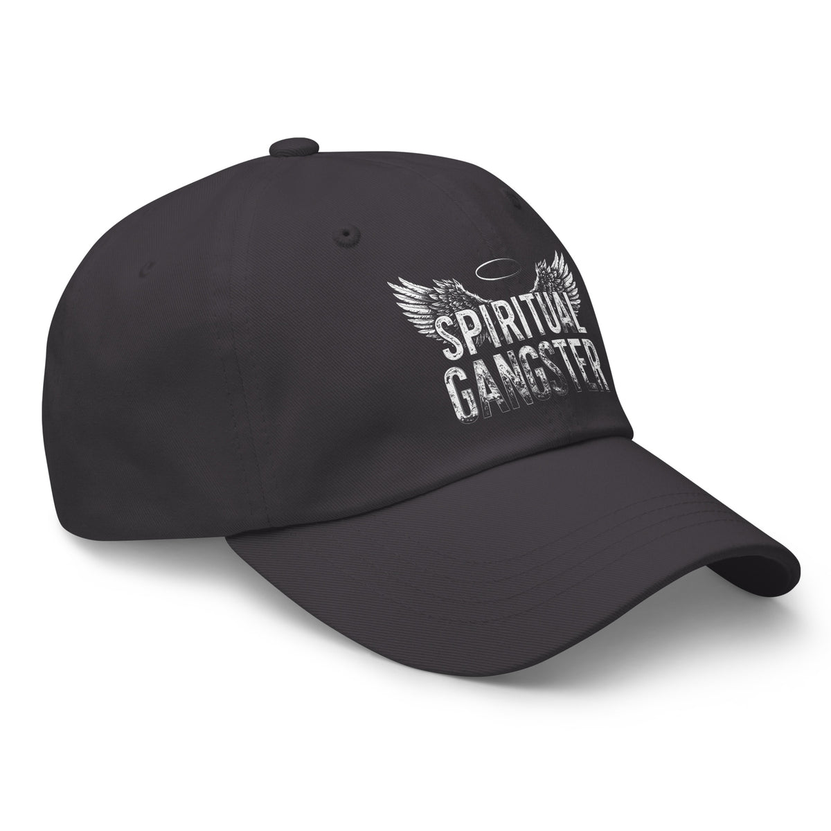 Spiritual Gangster design with angel wings and a halo, on a dark grey dad hat, angled right front view
