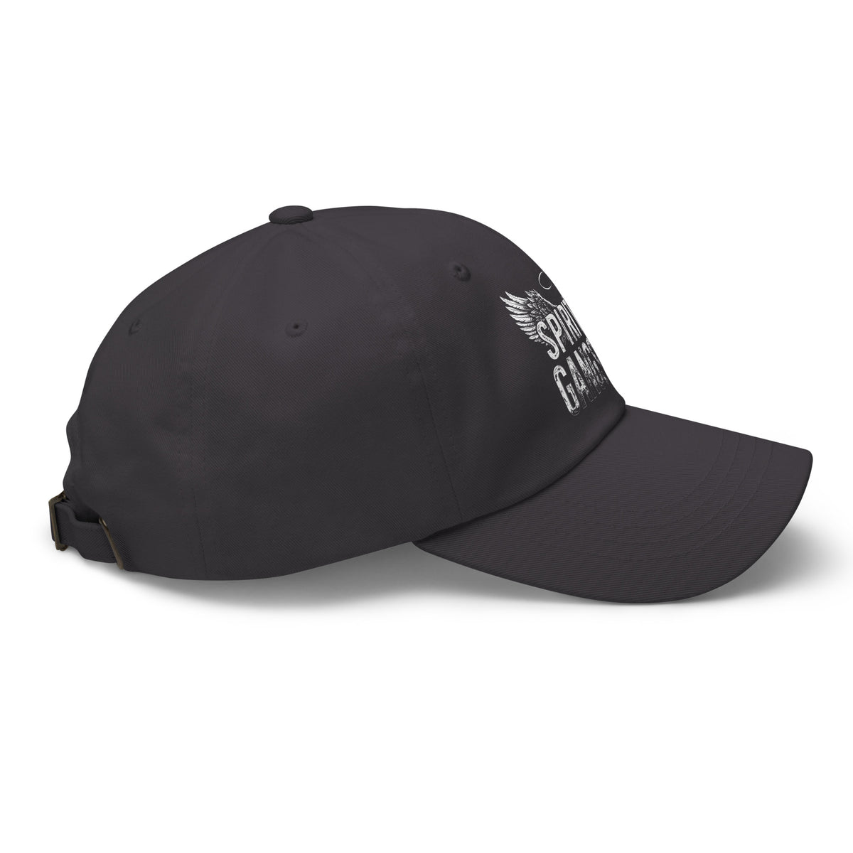 Spiritual Gangster design with angel wings and a halo, on a dark grey dad hat, right side view