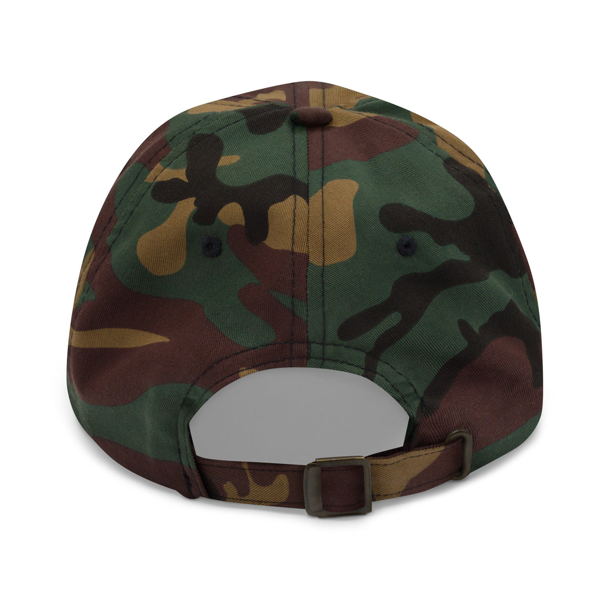 Spiritual Gangster design with angel wings and a halo, on a green camo dad hat, back view