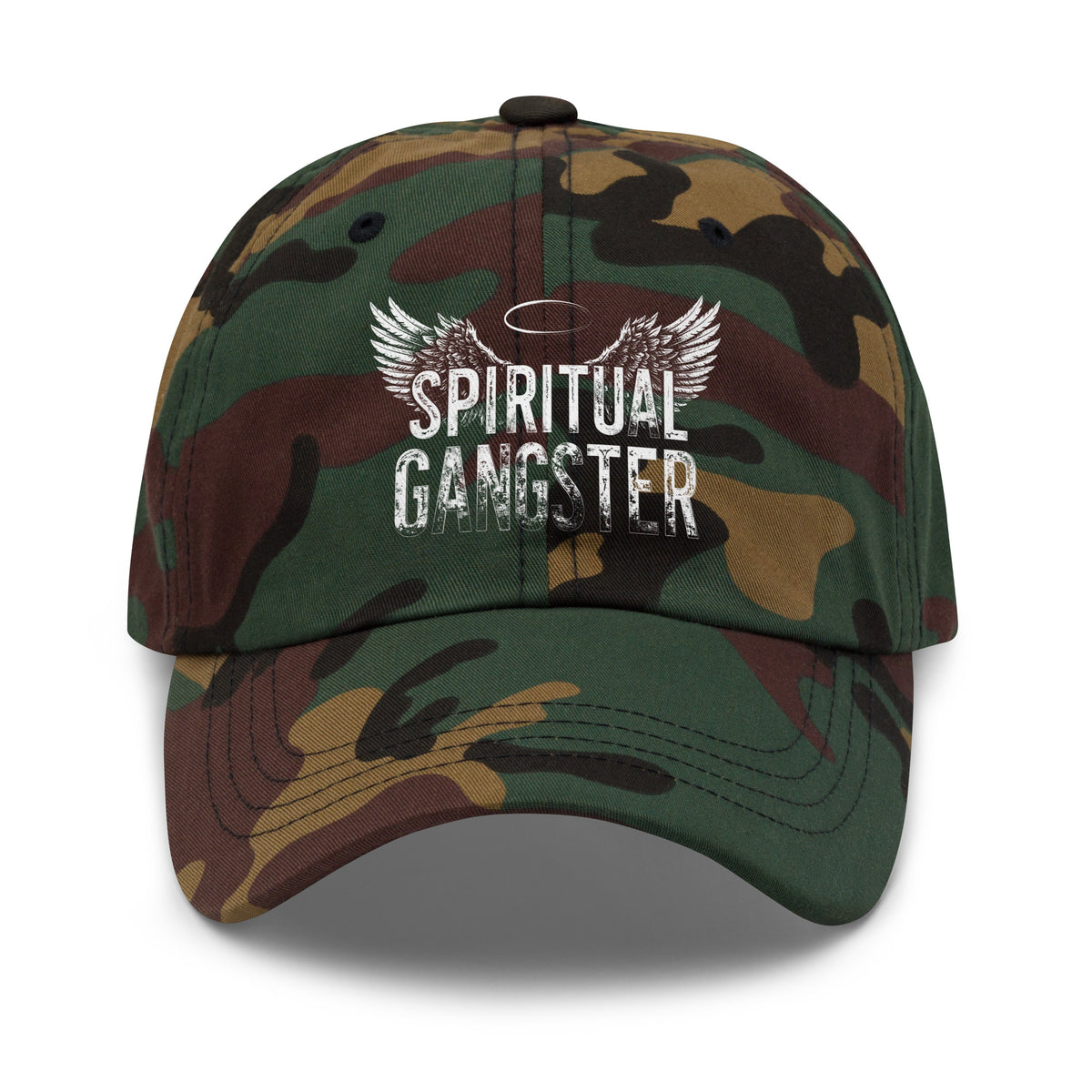 Spiritual Gangster design with angel wings and a halo, on a green camo dad hat, front view