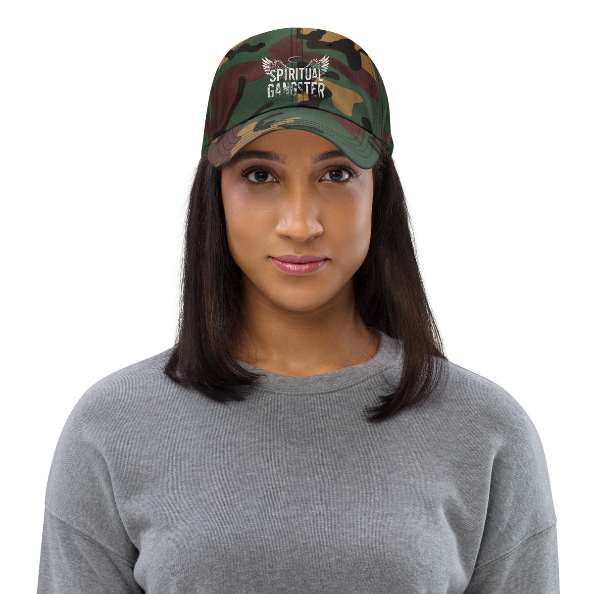 Spiritual Gangster design with angel wings and a halo, on a green camo dad hat, front view