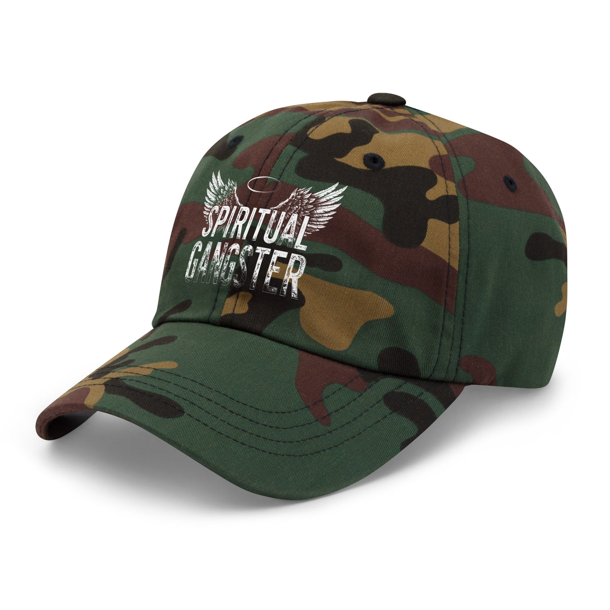 Spiritual Gangster design with angel wings and a halo, on a green camo dad hat, angled left front view