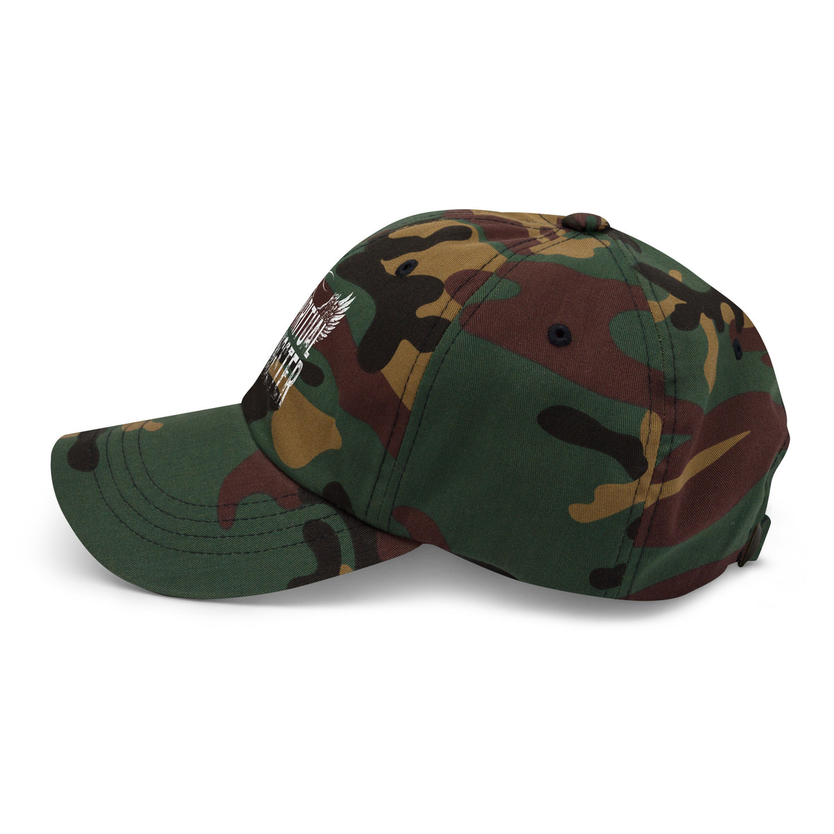 Spiritual Gangster design with angel wings and a halo, on a green camo dad hat, left side view
