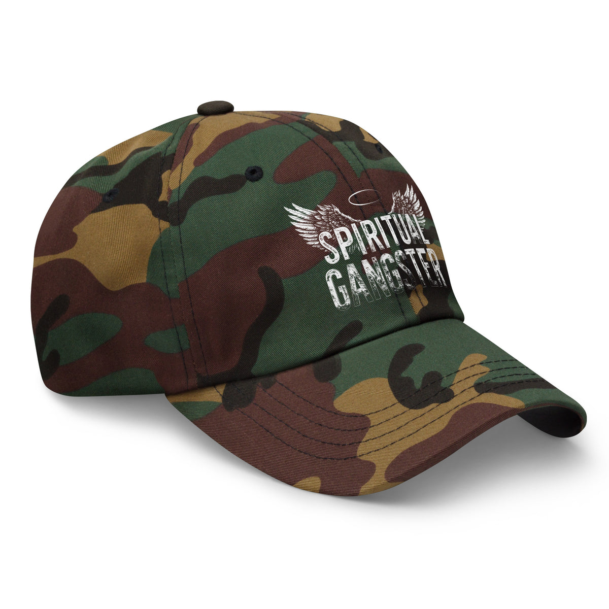Spiritual Gangster design with angel wings and a halo, on a green camo dad hat, angled right front view
