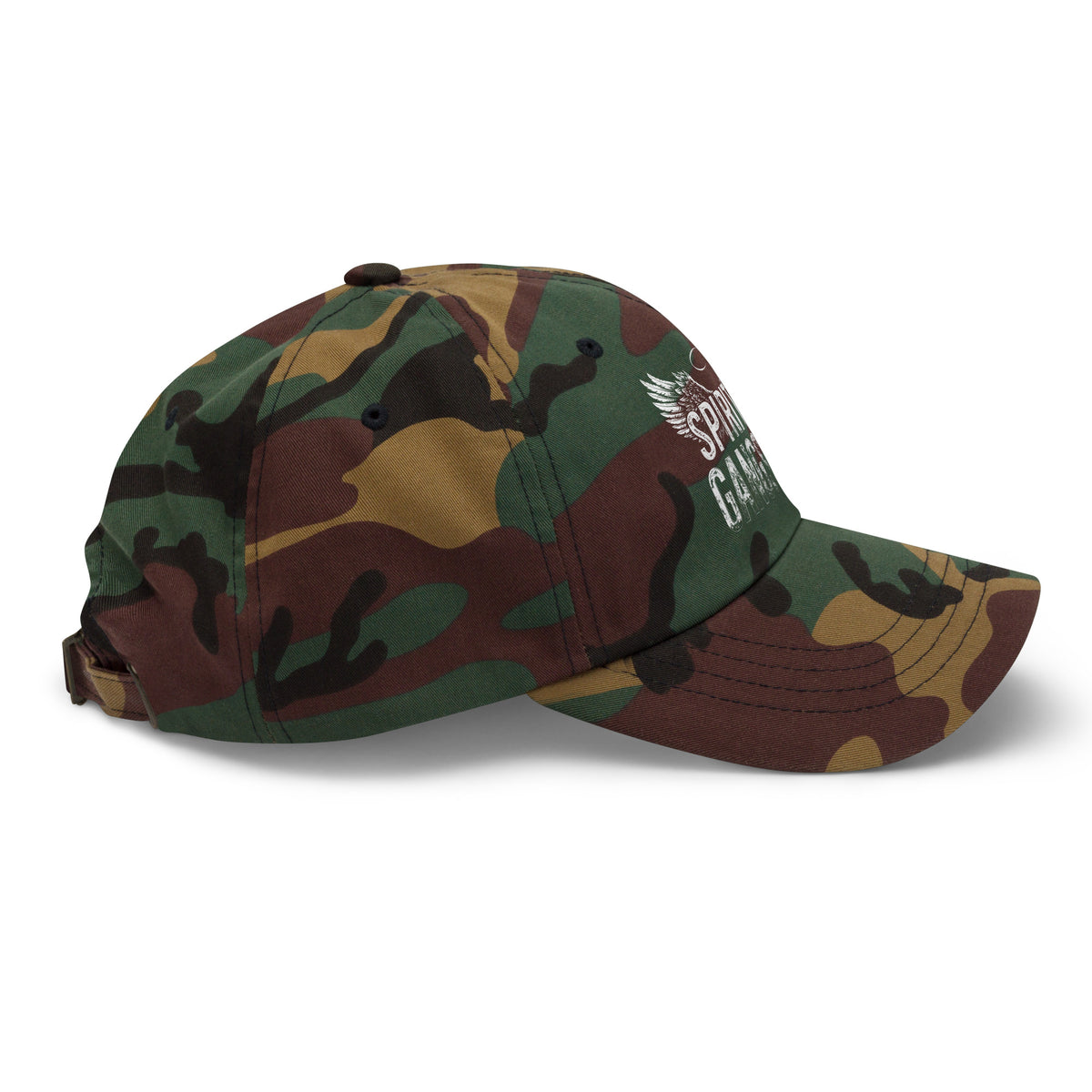 Spiritual Gangster design with angel wings and a halo, on a green camo dad hat, right side view
