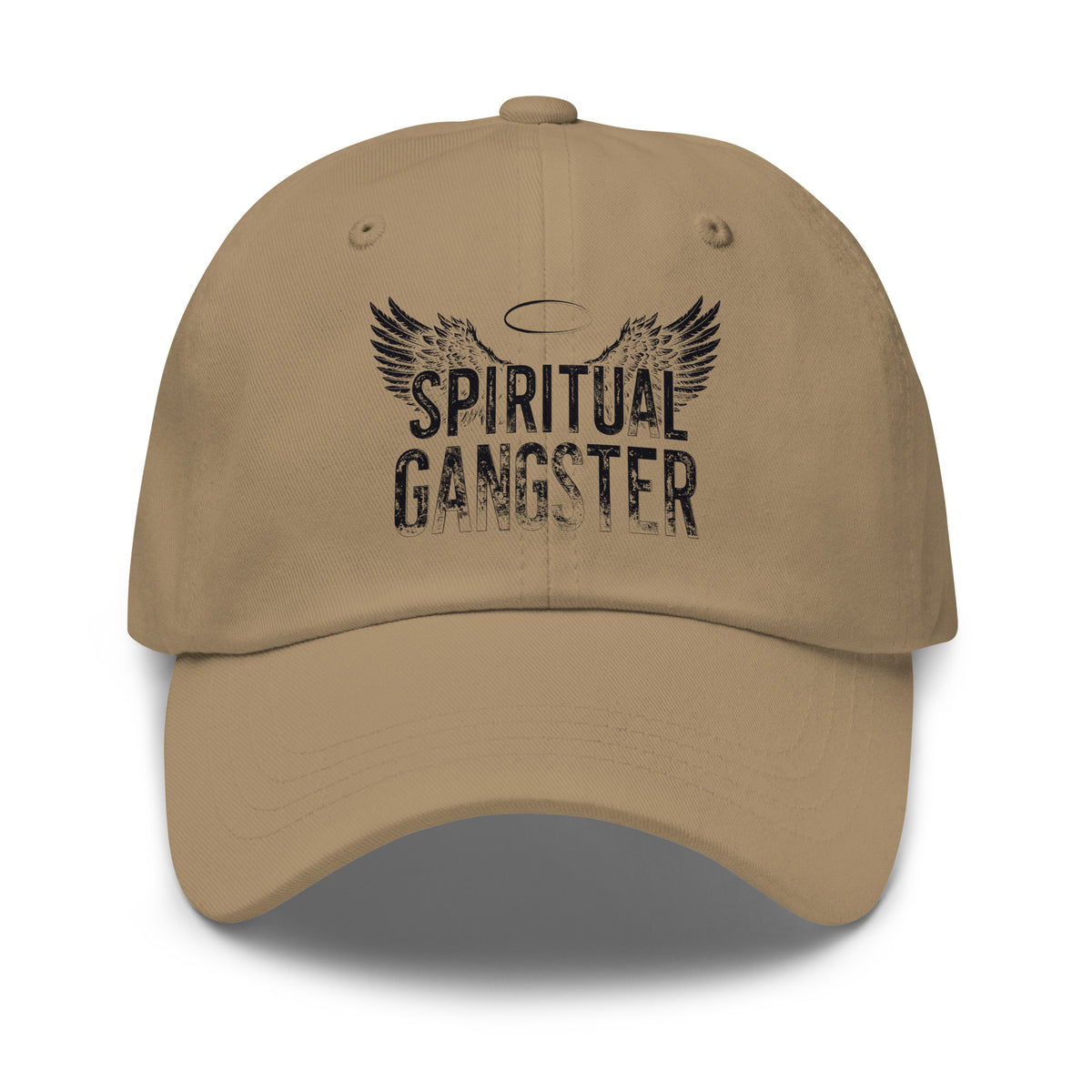 Spiritual Gangster design in black lettering, with angel wings and a halo, on a khaki dad hat, front view