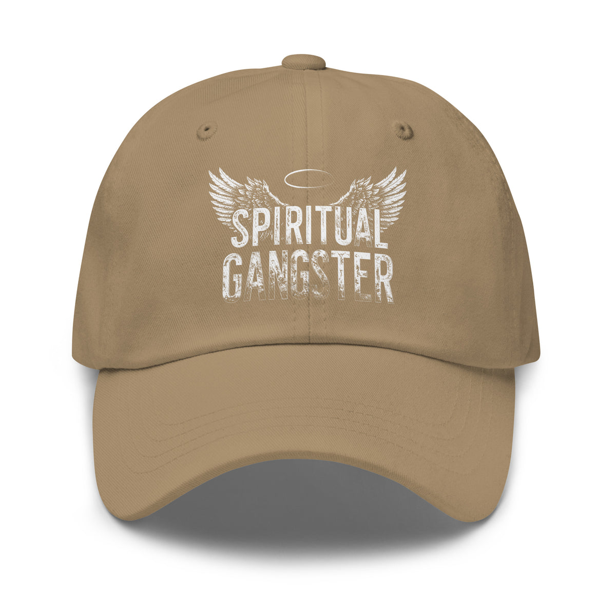Spiritual Gangster design with angel wings and a halo, on a khaki dad hat, front view