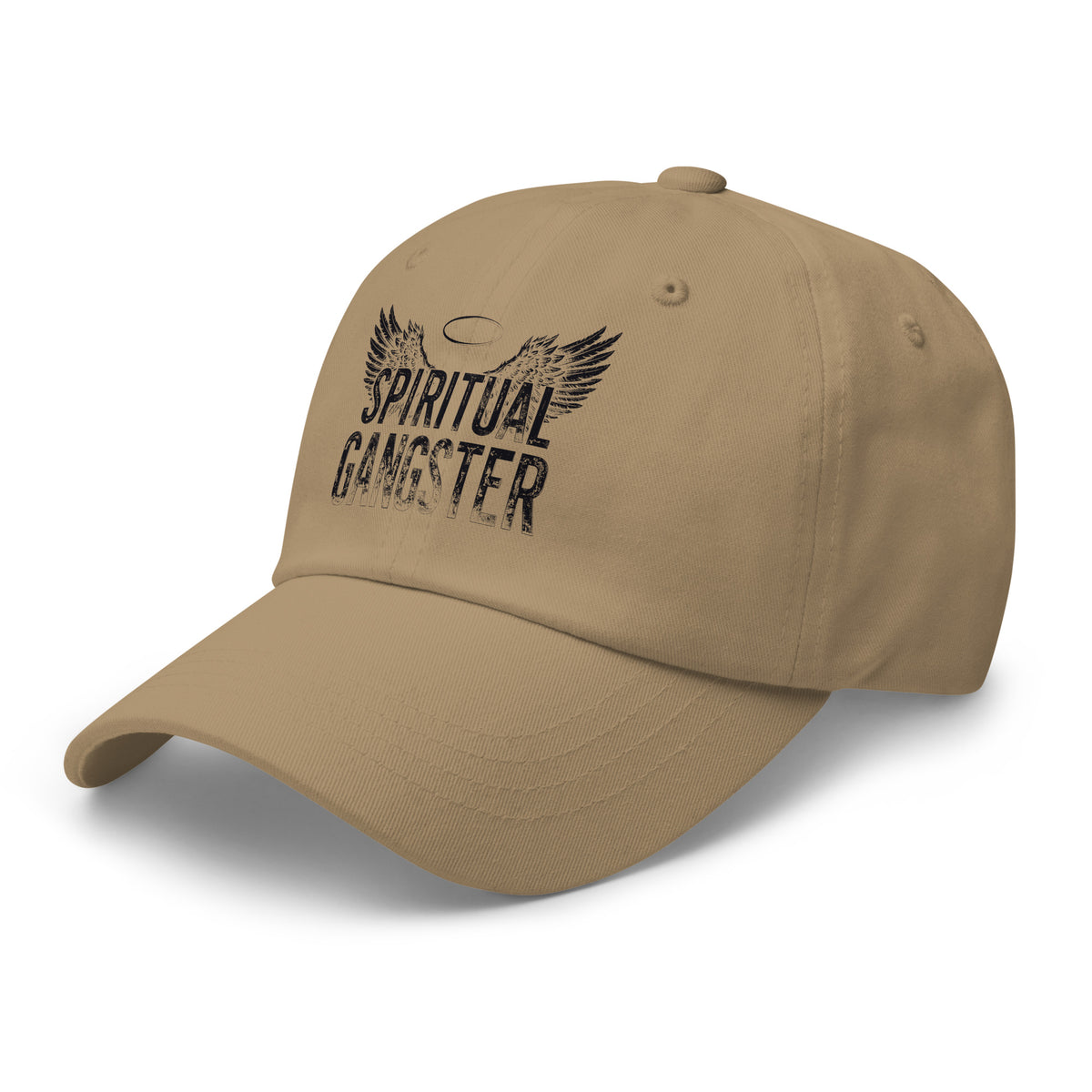 Spiritual Gangster design in black lettering, with angel wings and a halo, on a khaki dad hat, angled left front view