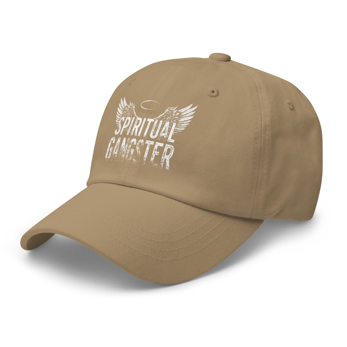 Spiritual Gangster design with angel wings and a halo, on a khaki dad hat, angled left front view