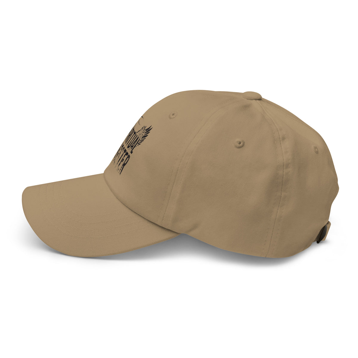 Spiritual Gangster design in black lettering, with angel wings and a halo, on a khaki dad hat, left side view