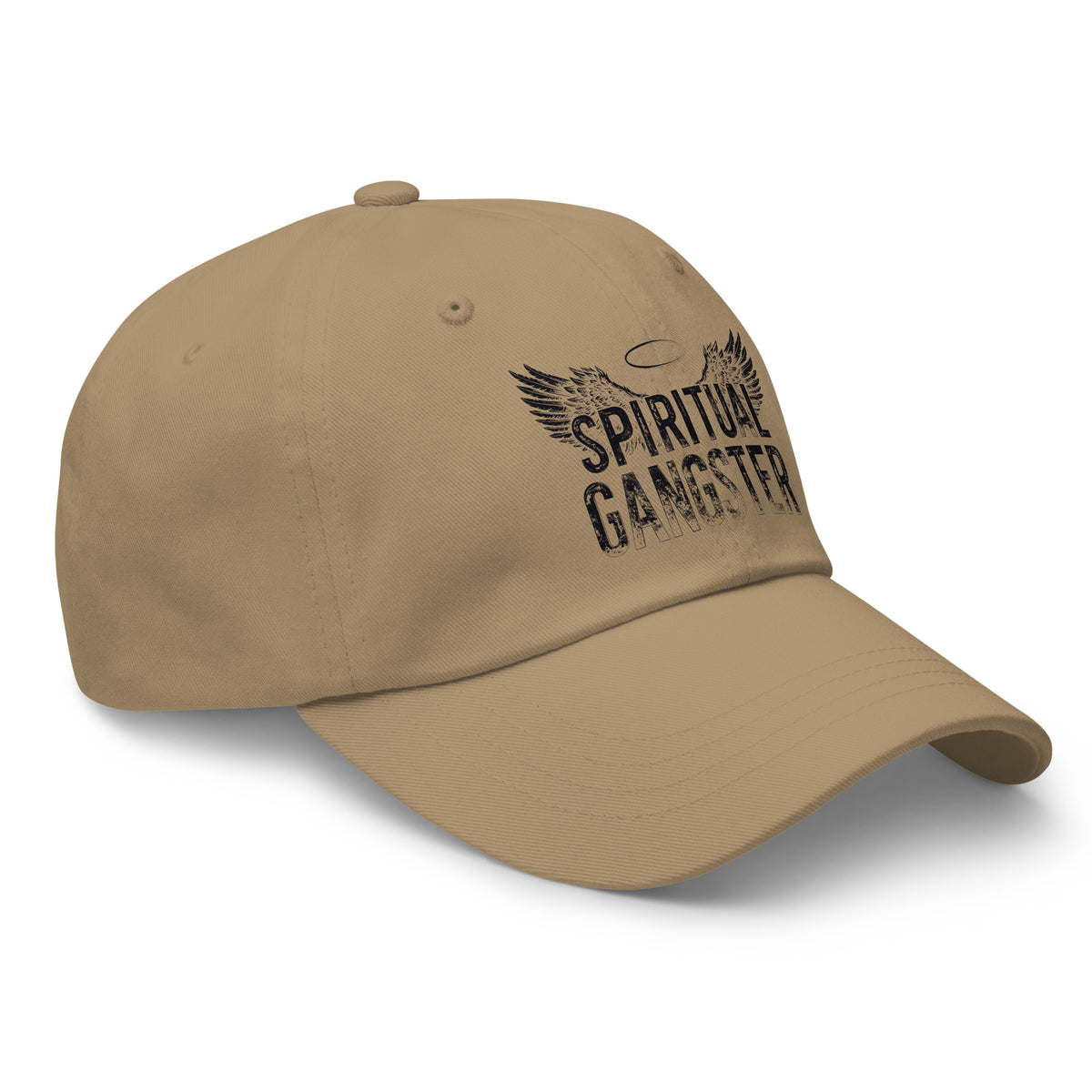 Spiritual Gangster design in black lettering, with angel wings and a halo, on a khaki dad hat, angled right front view