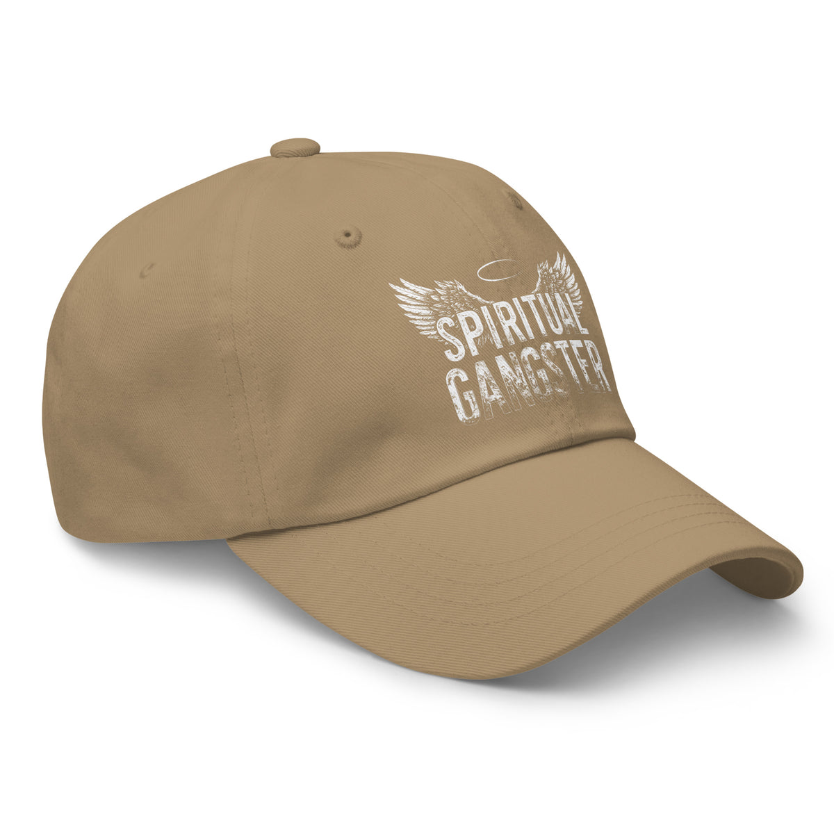 Spiritual Gangster design with angel wings and a halo, on a khaki dad hat, angled right front view