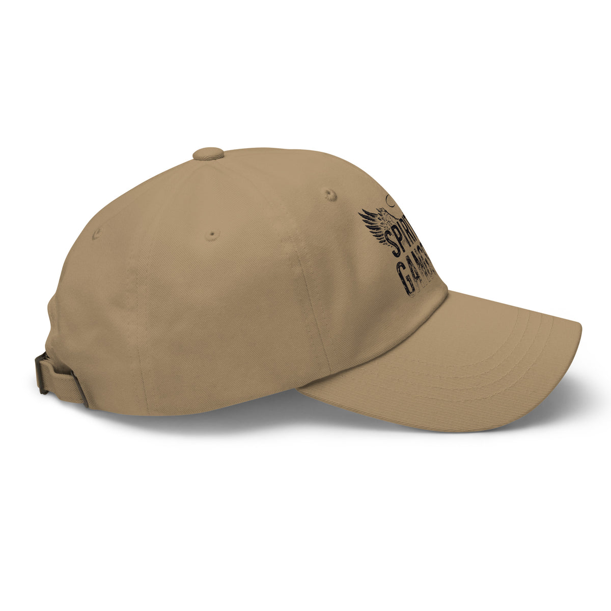 Spiritual Gangster design in black lettering, with angel wings and a halo, on a khaki dad hat, right side view