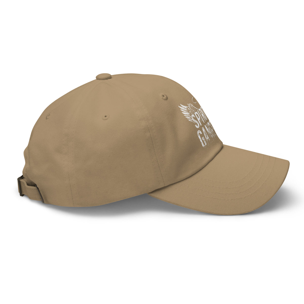 Spiritual Gangster design with angel wings and a halo, on a khaki dad hat, right side view