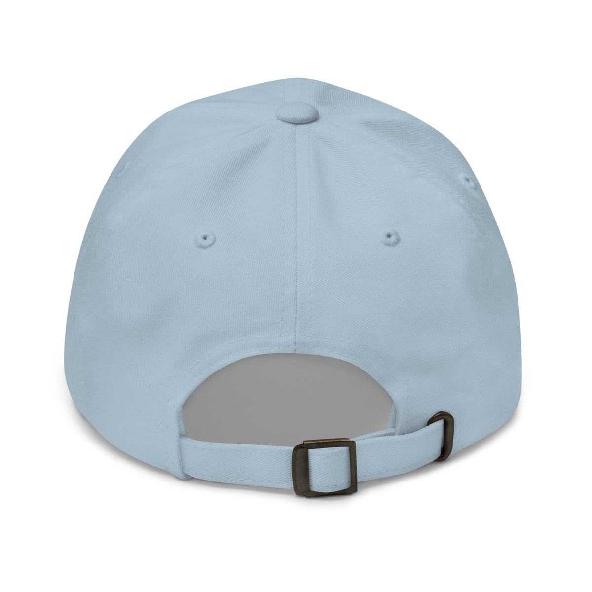 Spiritual Gangster design with angel wings and a halo, on a light blue dad hat, back view