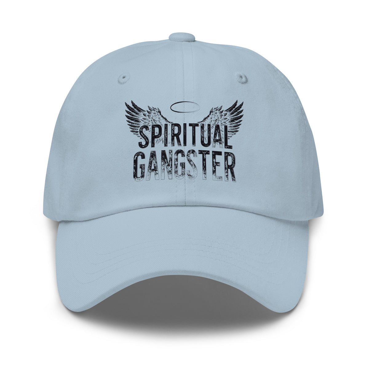 Spiritual Gangster design in black lettering, with angel wings and a halo, on a light blue dad hat, front view