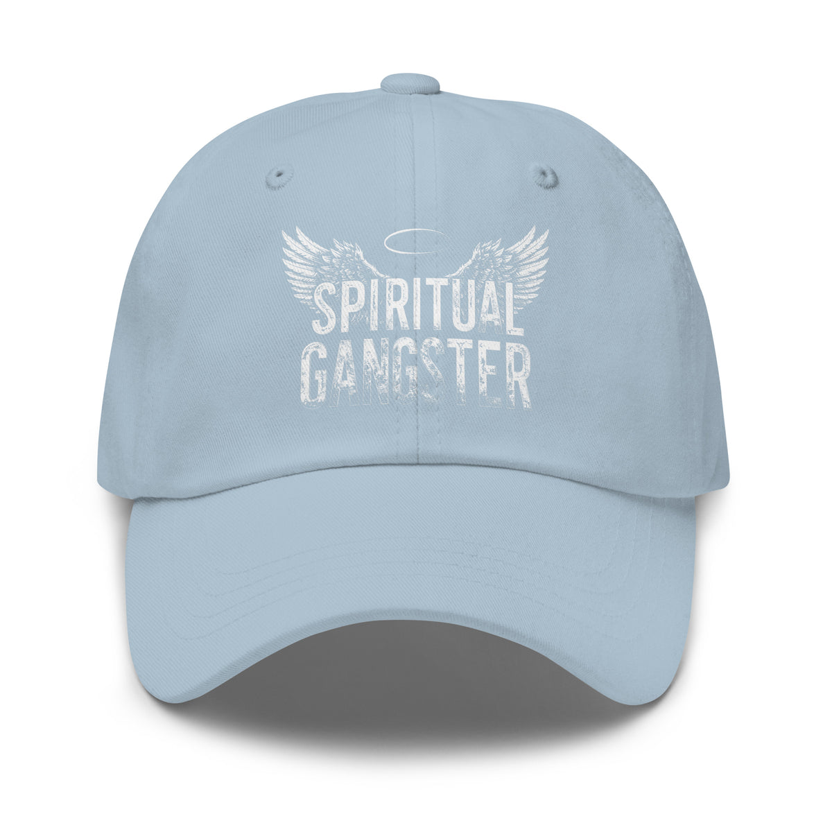 Spiritual Gangster design with angel wings and a halo, on a light blue dad hat, front view