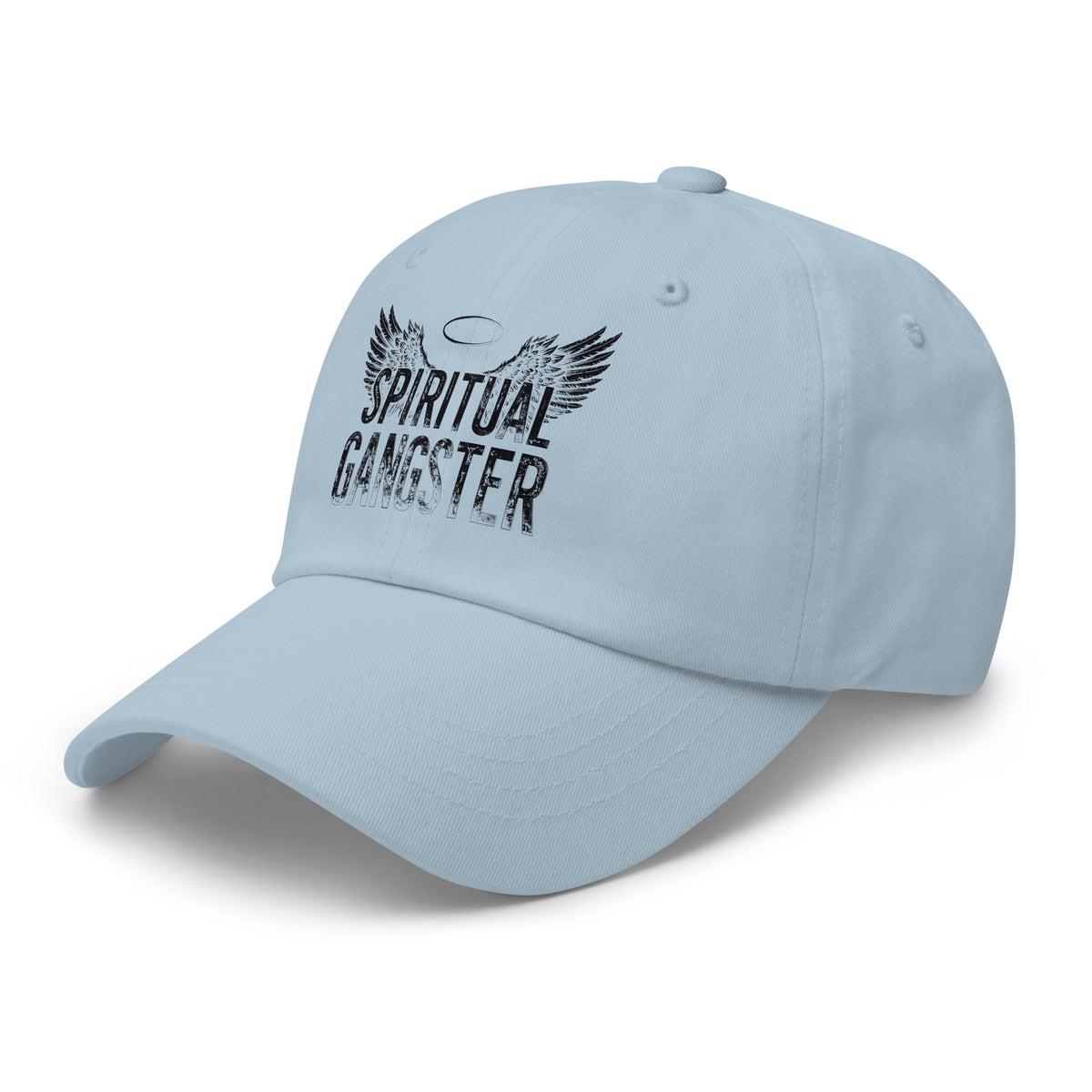 Spiritual Gangster design in black lettering, with angel wings and a halo, on a light blue dad hat, angled left front view