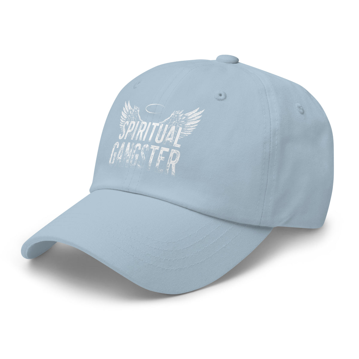 Spiritual Gangster design with angel wings and a halo, on a light blue dad hat, angled left front view