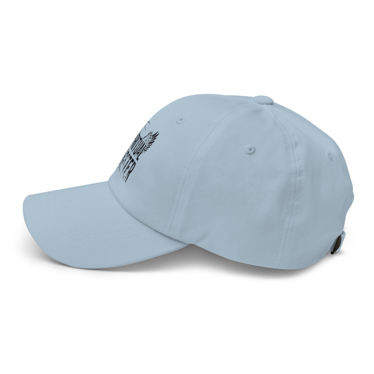 Spiritual Gangster design in black lettering, with angel wings and a halo, on a light blue dad hat, left side view