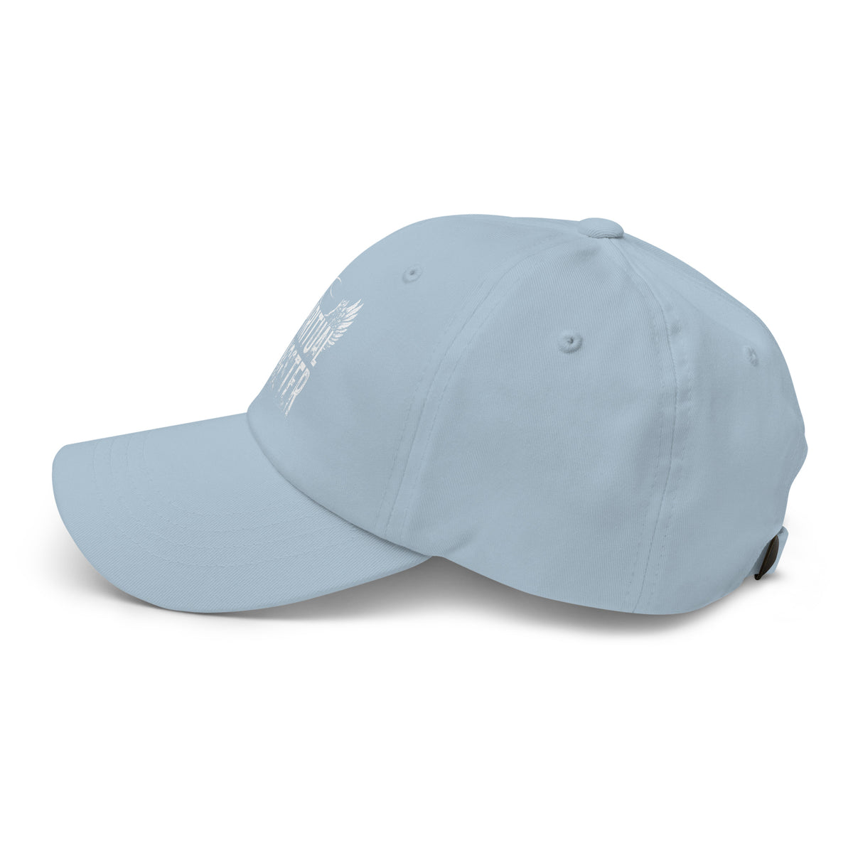 Spiritual Gangster design with angel wings and a halo, on a light blue dad hat, left side view