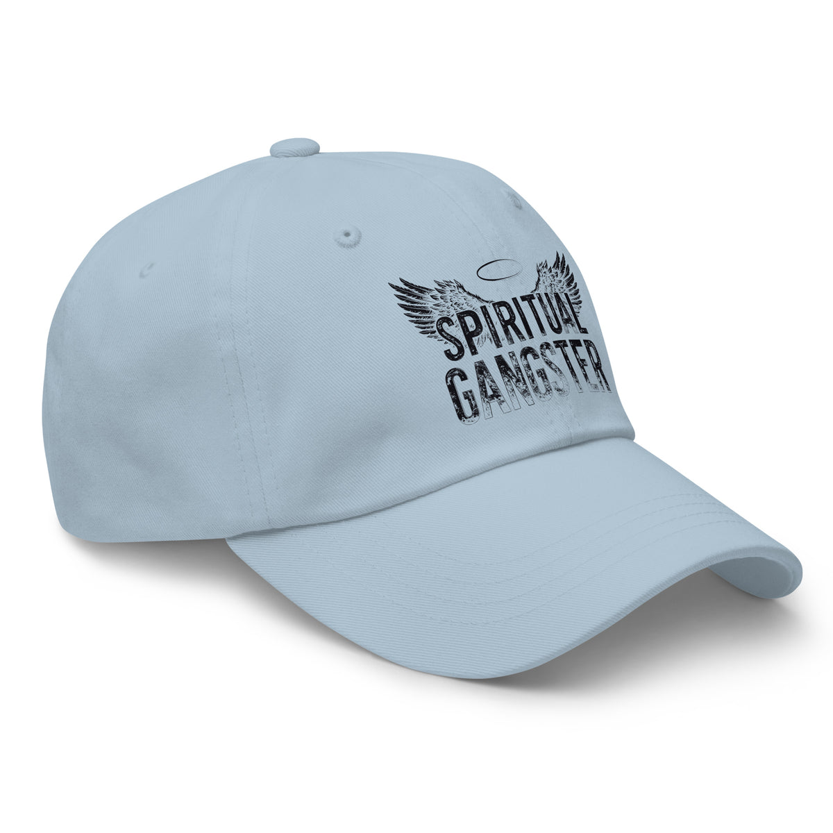 Spiritual Gangster design in black lettering, with angel wings and a halo, on a light blue dad hat, angled right front view