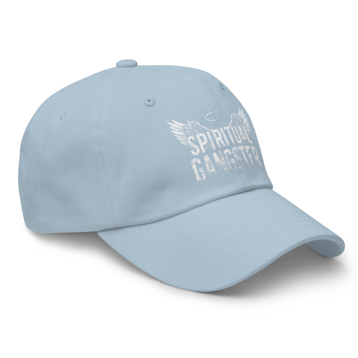 Spiritual Gangster design with angel wings and a halo, on a light blue dad hat, angled right front view