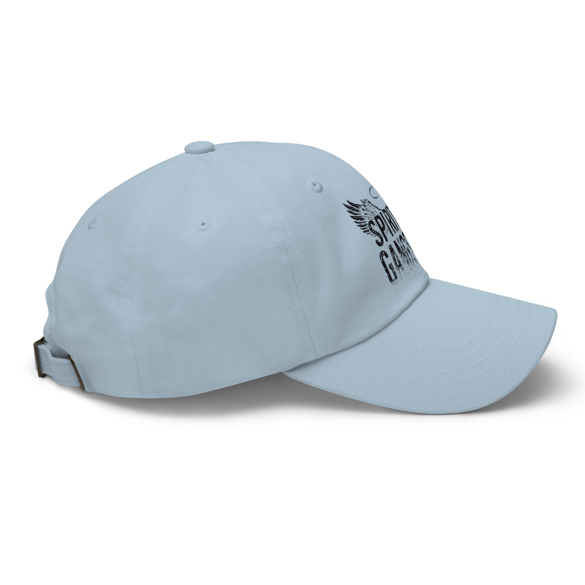 Spiritual Gangster design in black lettering, with angel wings and a halo, on a light blue dad hat, right side view