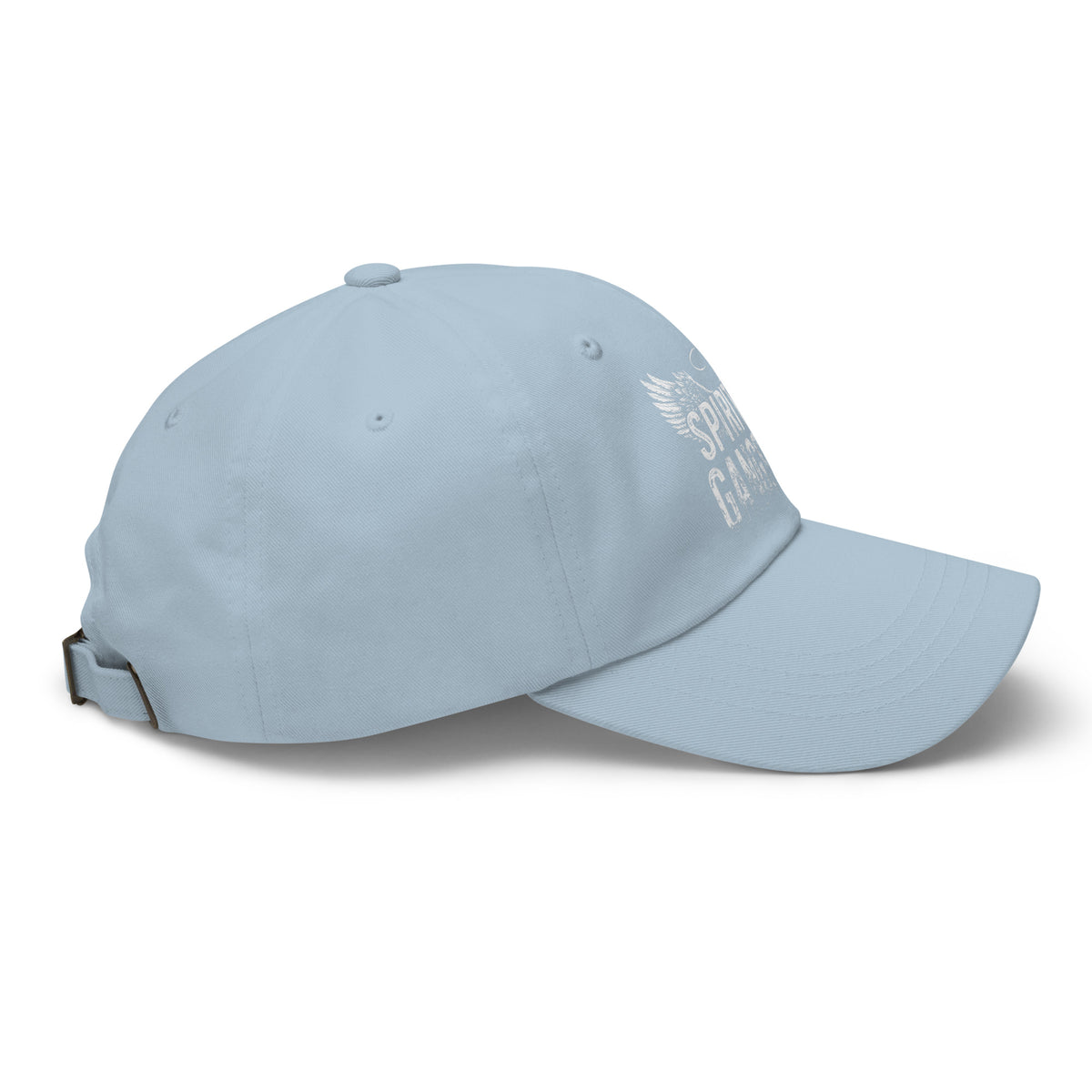 Spiritual Gangster design with angel wings and a halo, on a light blue dad hat, right side view
